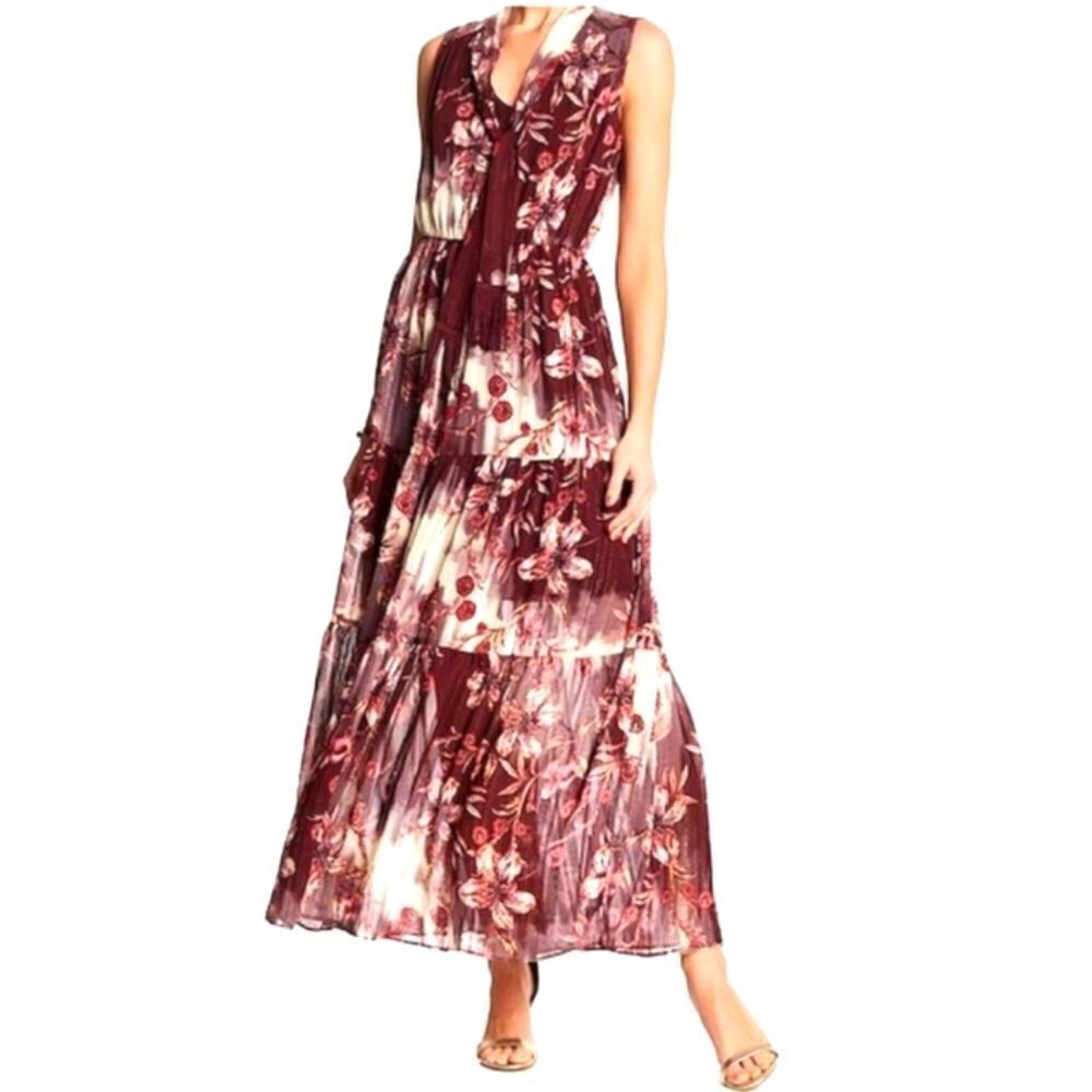 Eci Women's Dark floral boho sleeveless V Neck Tiered Maxi Dress sz 8 Whimsigoth